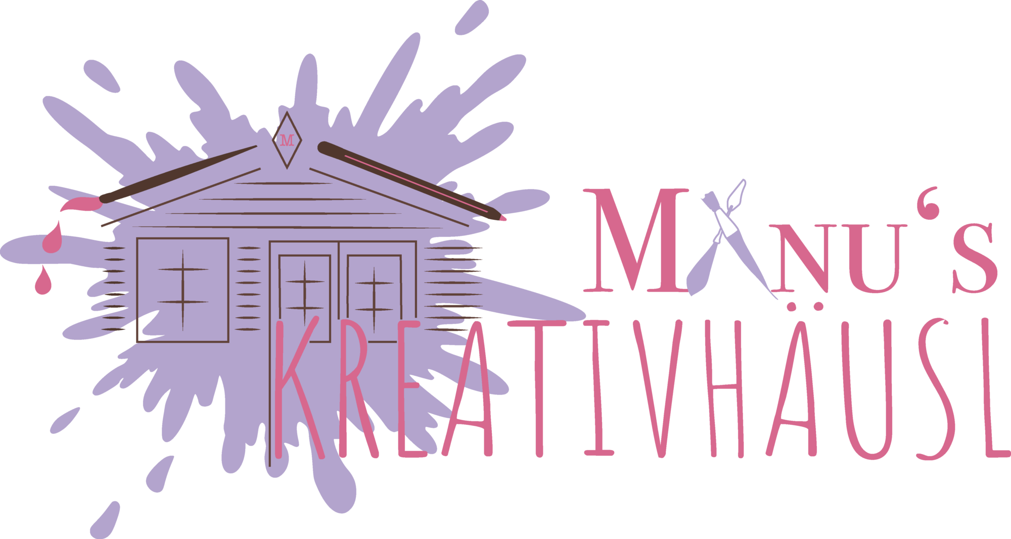 Logo von Manu's Kreativhäusl. Es zeigt ihr kleines Haus mit einem Farbklecks als Hintergrund.